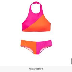 Victoria's Secret Pink Orange Color block Halter Hipster bikini set Size LARGE